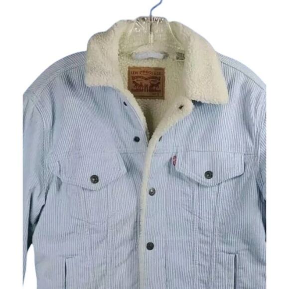 Levi's Corduroy Ex-Boyfriend Sherpa Trucker Jacket Light Ice Baby Blue Medium - Picture 6 of 8